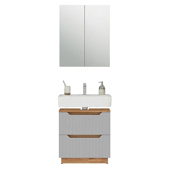 Vicco Badmöbel-Set Lotta Grau 2 Teile - Grau, Matt - Badmöbel-Set: weißes Waschbecken, helle Holzplatte, grauer Rillenschrank mit Schubladen, Doppelspiegelschrank.