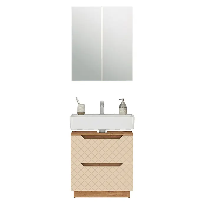Vicco Badmöbel-Set Lotta Cashmere 2 Teile - Cashmere, Matt - Badezimmermöbel-Set: Spiegelschrank, weißes Waschbecken mit Armatur, beigefarbener Unterschrank mit zwei gemusterten Schubladen, Holzdetails und Holzsockel.