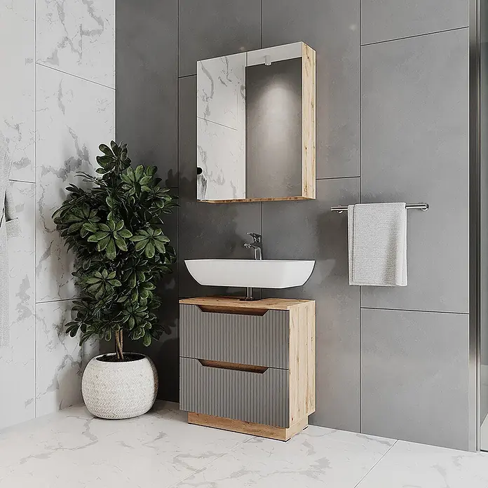 Vicco Badmöbel-Set Lotta Grau 2 Teile - Grau, Matt - Moderne Badmöbel mit heller Holz- und geriffelten grauen Schubladen, weißem Aufsatzwaschbecken und passendem Spiegelschrank mit Marmoroptik-Türen.