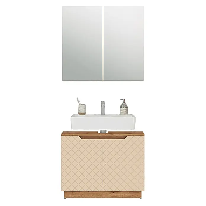 Vicco Badmöbel-Set Lotta Cashmere 2 Teile - Cashmere, Matt - Badezimmermöbel-Set mit Spiegelschrank, weißem Waschbecken und beigem gemustertem Unterschrank mit Holzelementen.