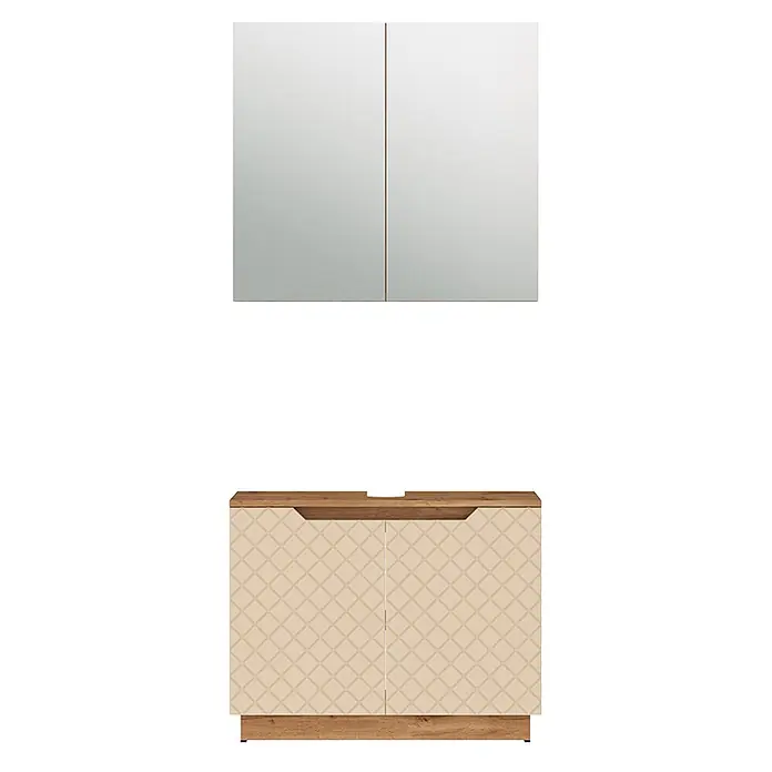 Vicco Badmöbel-Set Lotta Cashmere 2 Teile - Cashmere, Matt - Zweitüriger Spiegelschrank über einem hellbeigen Waschtischunterschrank mit rautenförmig gemusterten Türen und Holzplatte.