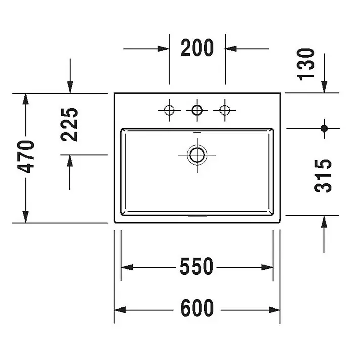 Duravit Vero Air Waschtisch - 60 x 47 cm, Ohne Spezialglasur, Hahnloch: Ohne, Ohne Überlauf, Weiß, Geschliffen - Abbildung eines Waschbeckens mit detaillierten Maßangaben für Installation und Design.\n