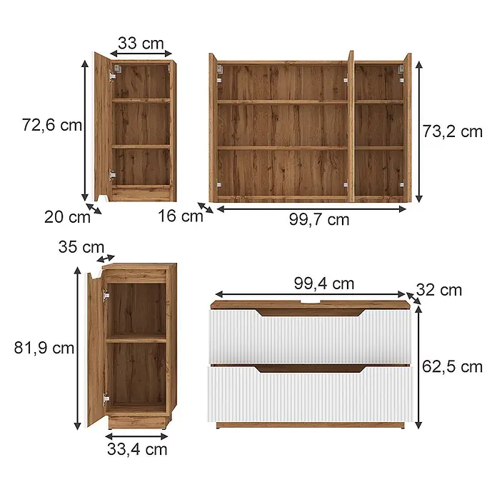 Vicco Badmöbel-Set Lotta Weiß 4 Teile - Weiß, Matt - Verschiedene braune und weiße Holzmöbel (Schränke, Regale, Kommode) mit Maßen.