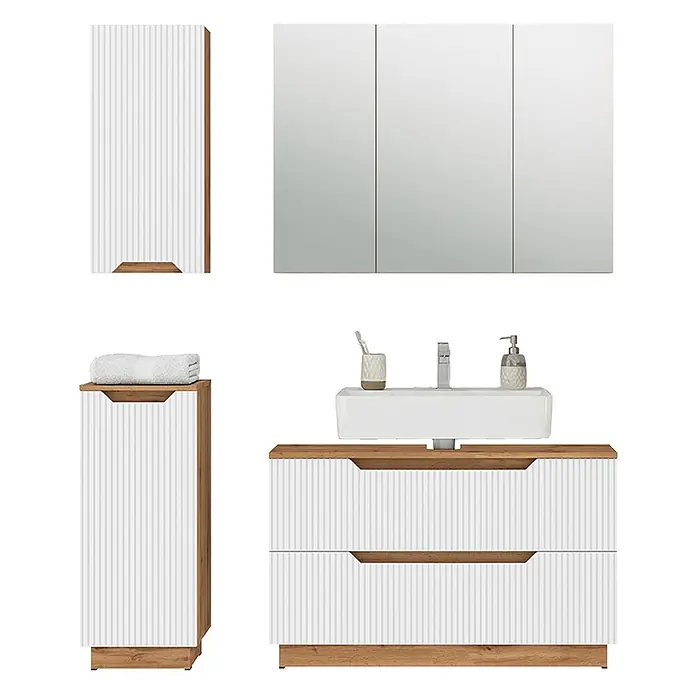 Vicco Badmöbel-Set Lotta Weiß 4 Teile - Weiß, Matt - Modernes Badezimmermöbel-Set mit weißen geriffelten Fronten und hellen Holzapplikationen, bestehend aus Spiegelschrank, Hochschrank und Waschtisch.
