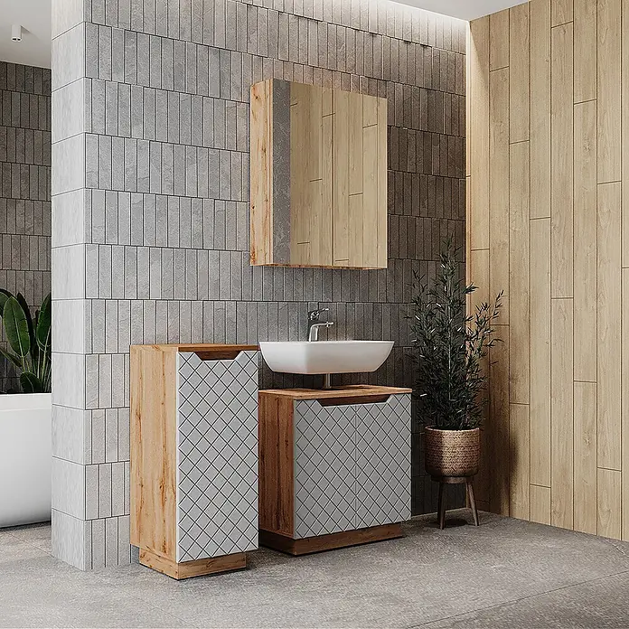Vicco Badmöbel-Set Lotta Grau 3 Teile - Grau, Matt - Moderner Badunterschrank und Hochschrank mit hellen Holzrahmen und grauen Rautenfronten, ergänzt durch einen Spiegelschrank aus Holz.