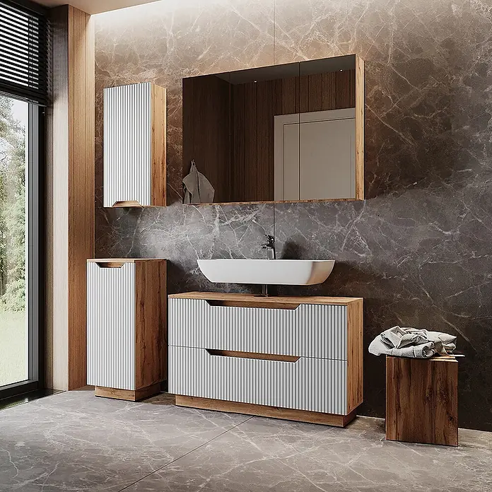 Vicco Badmöbel-Set Lotta Weiß 4 Teile - Weiß, Matt - Modernes Badezimmermöbel: weiße Lamellenfronten, helle Holzoptik. Waschtischunterschrank mit Spüle, Hochschrank und Beistellschrank.