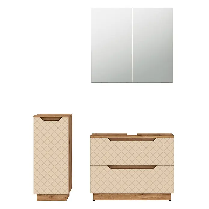 Vicco Badmöbel-Set Lotta Cashmere 3 Teile - Cashmere, Matt - Set aus hellem Holz und cremefarbenen Badmöbeln mit Muster: Spiegelschrank, Hochschrank und Waschtischunterschrank mit zwei Schubladen.