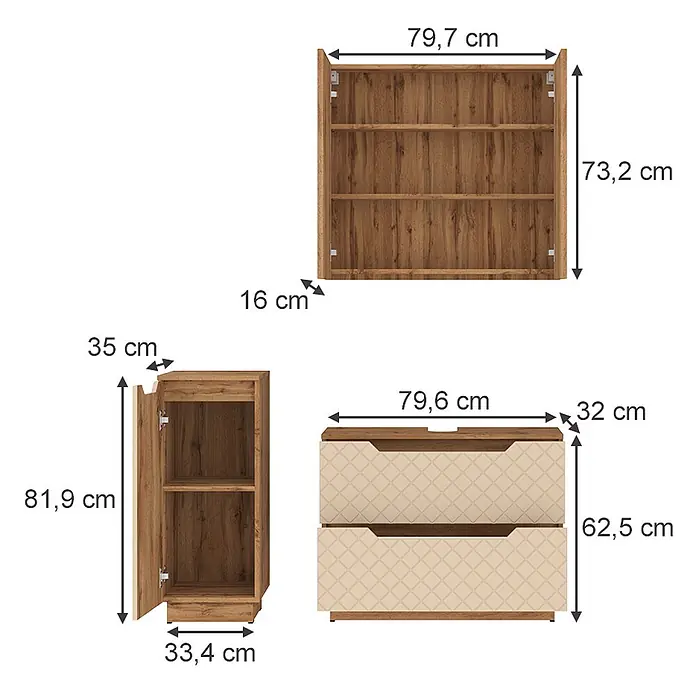 Vicco Badmöbel-Set Lotta Cashmere 3 Teile - Cashmere, Matt - Drei hellbraune Holzmöbelstücke: ein offener Wandschrank, ein schmaler Schrank und eine Kommode mit zwei Schubladen und gemusterten beigen Fronten, mit Maßen.