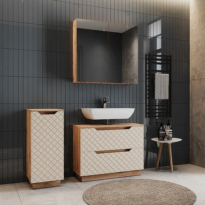 Vicco Badmöbel-Set Lotta Cashmere 3 Teile - Cashmere, Matt - Badmöbelset aus Holz mit Rautenmusterfronten und passendem Spiegelschrank in einem modernen Badezimmer.