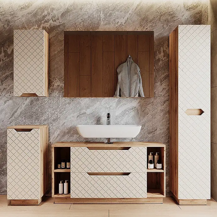 Vicco Badmöbel-Set Lotta Cashmere 4 Teile - Cashmere, Matt - Modernes Badmöbelset aus hellem Holz mit rautenförmigen Fronten, integriertem Waschbecken und Spiegel.