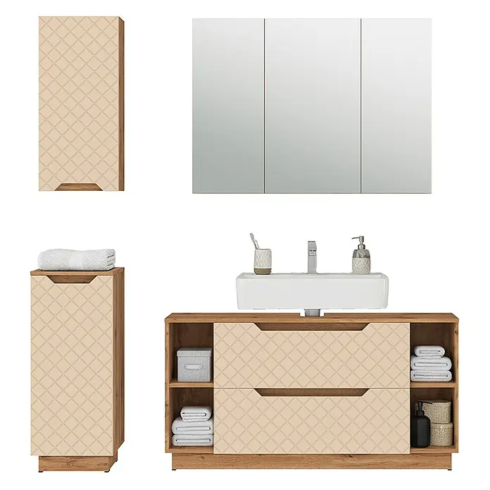 Vicco Badmöbel-Set Lotta Cashmere 4 Teile - Cashmere, Matt - Badezimmermöbel-Set: Waschtisch in Holzoptik mit Waschbecken & cremefarbenen gemusterten Schubladen, zwei Hochschränke und ein dreiteiliger Spiegelschrank.