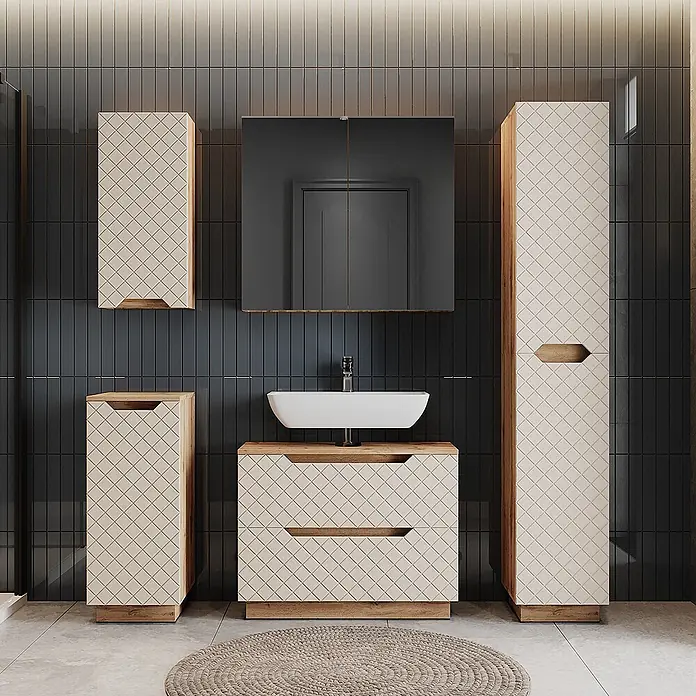 Vicco Badmöbel-Set Lotta Cashmere 3 Teile - Cashmere, Matt - Modernes Badezimmermöbel-Set in Beige mit Rautenmuster und Holzdetails, bestehend aus Waschtisch, Hochschrank und Hängeschränken.