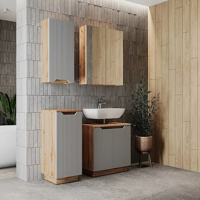 Vicco Badmöbel-Set Lotta Grau 4 Teile - Grau, Matt - Modernes Badmöbelset: Holzoptikschränke mit geriffelten grauen Fronten, inklusive Wandschränke, Spiegel und bodenstehendem Waschtisch mit Waschbecken.