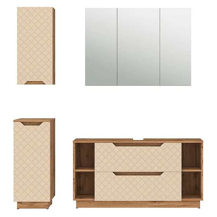 Vicco Badmöbel-Set Lotta Cashmere 4 Teile - Cashmere, Matt - Badezimmermöbel-Set mit hellen Eichenrahmen, beigen gemusterten Fronten für Waschtischunterschrank, Hochschrank & Hängeschrank, sowie Spiegelschrank.