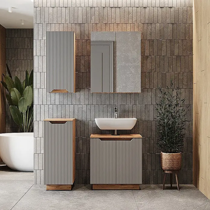 Vicco Badmöbel-Set Lotta Grau 4 Teile - Grau, Matt - Modernes Badezimmer-Set mit grauen geriffelten Fronten, Waschtisch, Wandschrank und Unterschrank, mit Holzdetails.