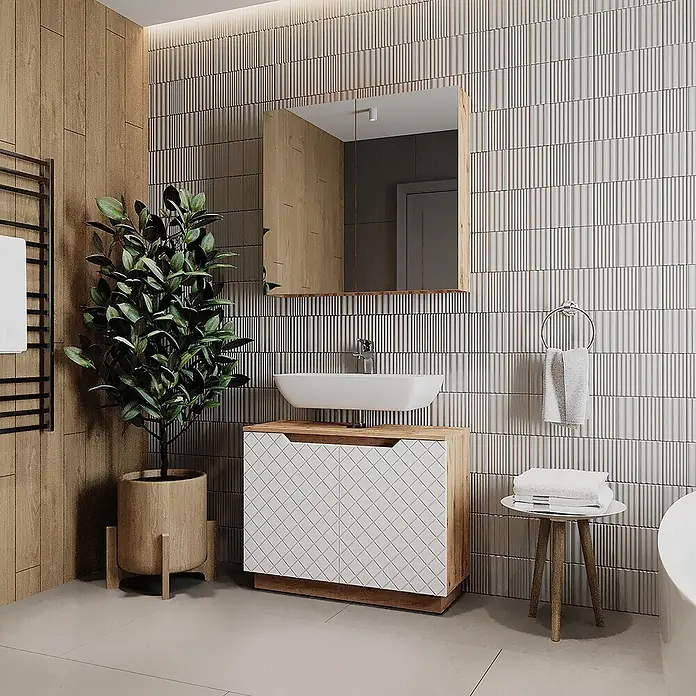 Vicco Badmöbel-Set Lotta Weiß 2 Teile - Weiß, Matt - Hölzerner Badezimmerschrank mit weißem Waschbecken und rautenförmiger Front in einem modernen Badezimmer.