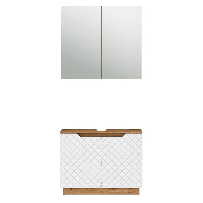 Vicco Badmöbel-Set Lotta Weiß 2 Teile - Weiß, Matt - Weißer Badunterschrank mit rautenförmigen Türen und Holzplatte, kombiniert mit einem zweitürigen Spiegelschrank.