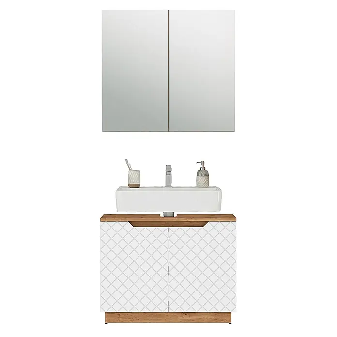 Vicco Badmöbel-Set Lotta Weiß 2 Teile - Weiß, Matt - Weißer Badunterschrank mit gemusterten Türen, Holzplatte, rechteckigem Waschbecken und Spiegelschrank.