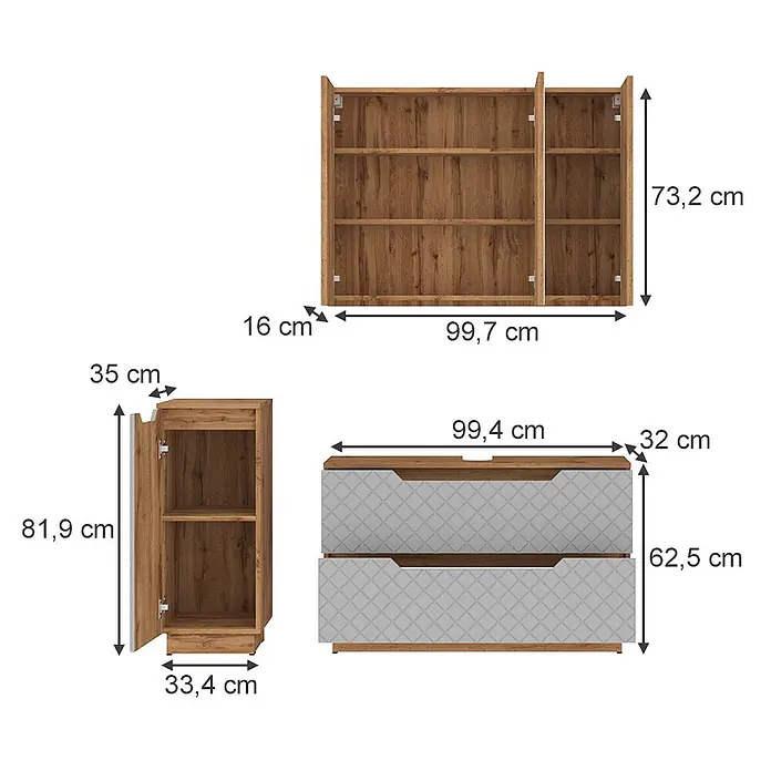 Vicco Badmöbel-Set Lotta Grau 3 Teile - Grau, Matt - Wandregal, schmaler Schrank und Kommode in Holzoptik mit grauen Akzenten und Maßen.