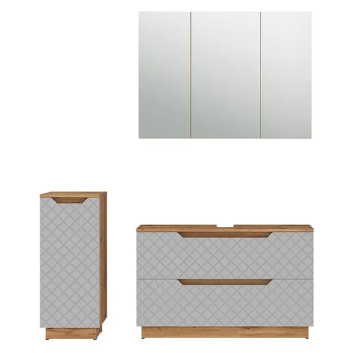 Vicco Badmöbel-Set Lotta Grau 3 Teile - Grau, Matt - Badmöbel-Set aus hellem Holz und gemustertem Grau: Spiegelschrank, Hochschrank und Waschtischunterschrank.