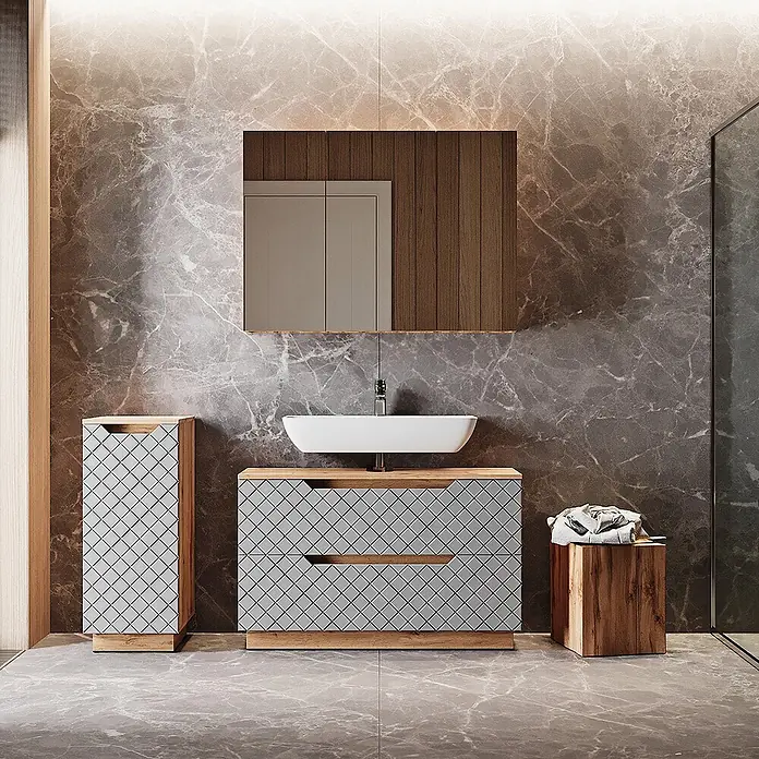 Vicco Badmöbel-Set Lotta Grau 3 Teile - Grau, Matt - Modernes Badezimmer mit grauem Rautenmuster-Waschtisch und Hochschrank, weißem Waschbecken und Holzdetails.