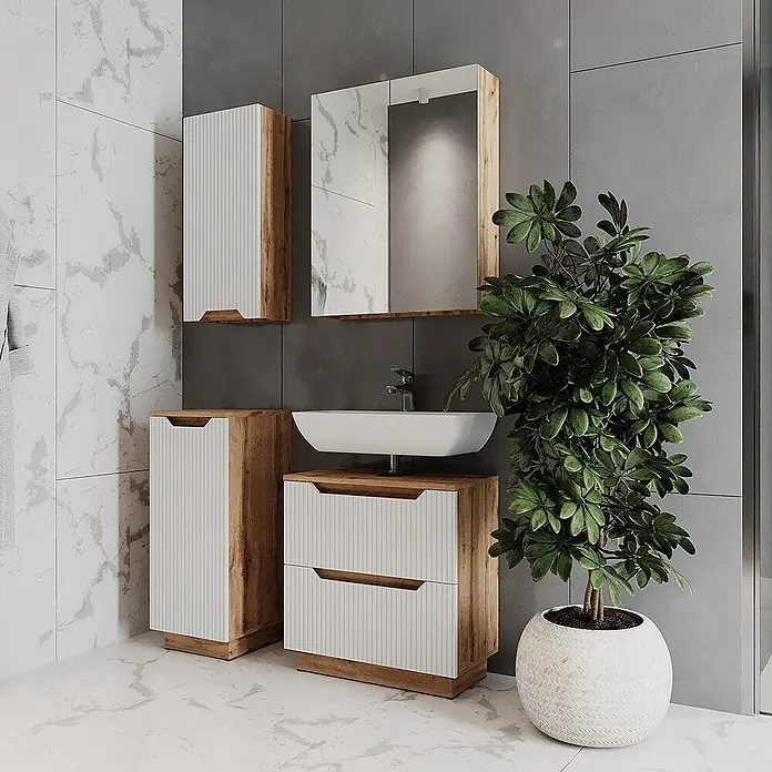Vicco Badmöbel-Set Lotta Weiß 4 Teile - Weiß, Matt - Modernes Badmöbelset mit weißen gerippten Fronten und Holzoptikrahmen, bestehend aus Waschtisch, Spiegelschrank und Hochschrank.