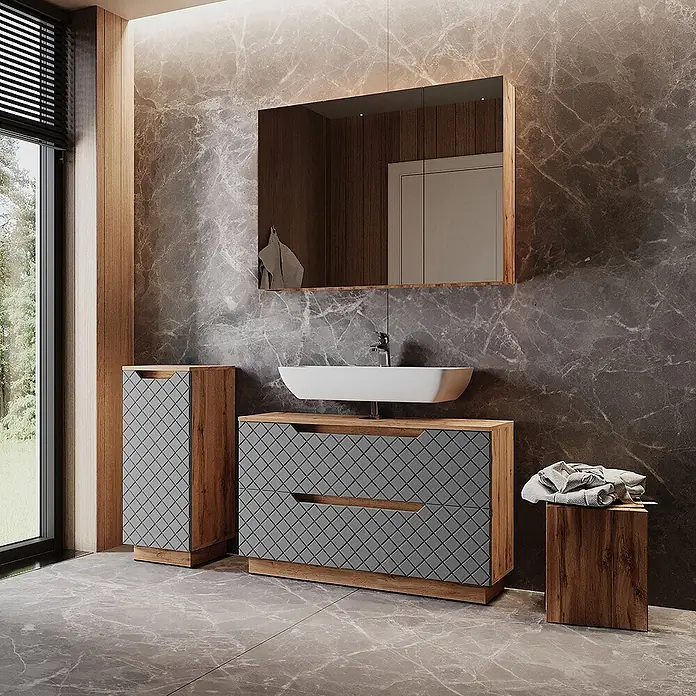 Vicco Badmöbel-Set Lotta Grau 3 Teile - Grau, Matt - Modernes Badmöbel-Set: Holzwaschtisch mit grauen Rautenmuster-Fronten, passendem Hochschrank und kleinem Holzschemel im modernen Badezimmer.