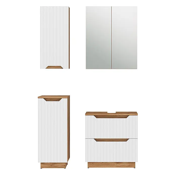 Vicco Badmöbel-Set Lotta Weiß 4 Teile - Weiß, Matt - Weiß geripptes Möbelset mit Holzapplikationen, bestehend aus Schränken, einem Spiegelschrank und einem Waschtischunterschrank.