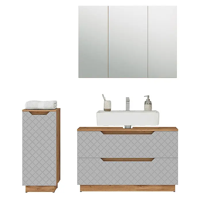 Vicco Badmöbel-Set Lotta Grau 3 Teile - Grau, Matt - Ein Badmöbel-Set mit Spiegelschrank, gemustertem grau-holzfarbenem Hochschrank und passendem Waschtischunterschrank mit weißem Waschbecken.
