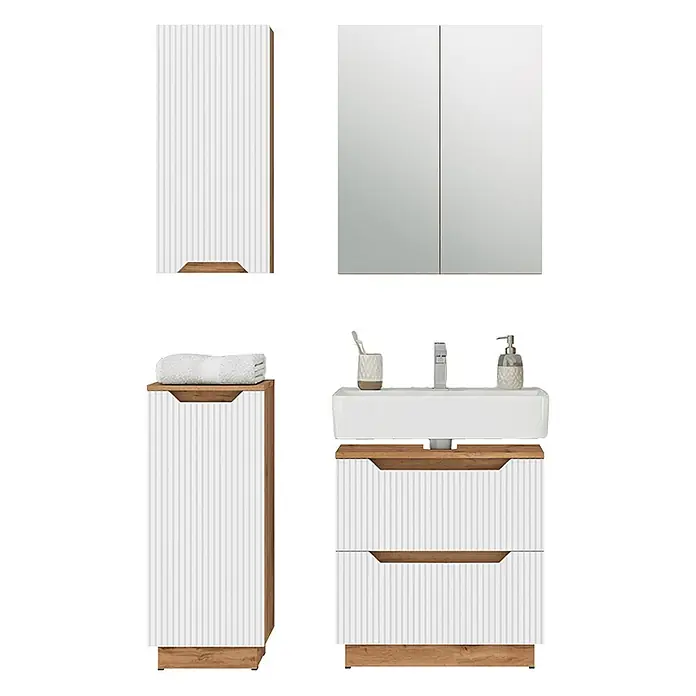 Vicco Badmöbel-Set Lotta Weiß 4 Teile - Weiß, Matt - Modernes Badmöbel-Set mit weißen gerillten Fronten und hellen Holzdetails, bestehend aus Hochschrank, Spiegelschrank und Waschtisch.
