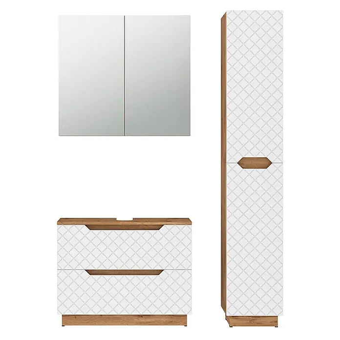 Vicco Badmöbel-Set Lotta Weiß 3 Teile - Weiß, Matt - Weißes Badmöbel-Set mit geometrischem Muster und Holzdetails, bestehend aus Spiegelschrank, Waschtischunterschrank und Hochschrank.