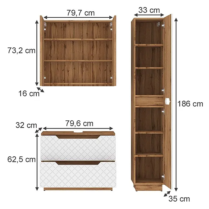 Vicco Badmöbel-Set Lotta Weiß 3 Teile - Weiß, Matt - Drei Möbelstücke in rustikaler Eichenoptik: ein Hängeschrank, ein Hochschrank und eine Kommode mit zwei weißen gemusterten Schubladenfronten, alle bemaßt.