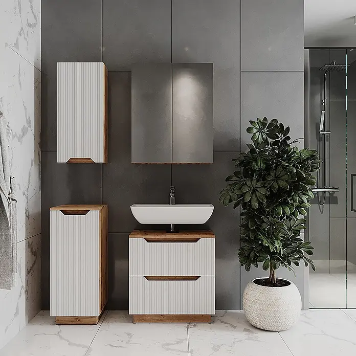 Vicco Badmöbel-Set Lotta Weiß 4 Teile - Weiß, Matt - Modernes weißes Badezimmermöbelset mit geriffelten Fronten und Holzdetails, bestehend aus Waschtisch, Hoch- und Hängeschrank.