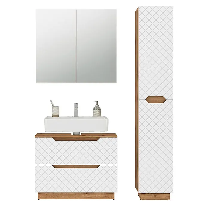 Vicco Badmöbel-Set Lotta Weiß 3 Teile - Weiß, Matt - Weißes Badmöbel-Set mit geometrischem Muster und Eiche-Details, bestehend aus Spiegelschrank, Waschtisch mit Waschbecken und Hochschrank.