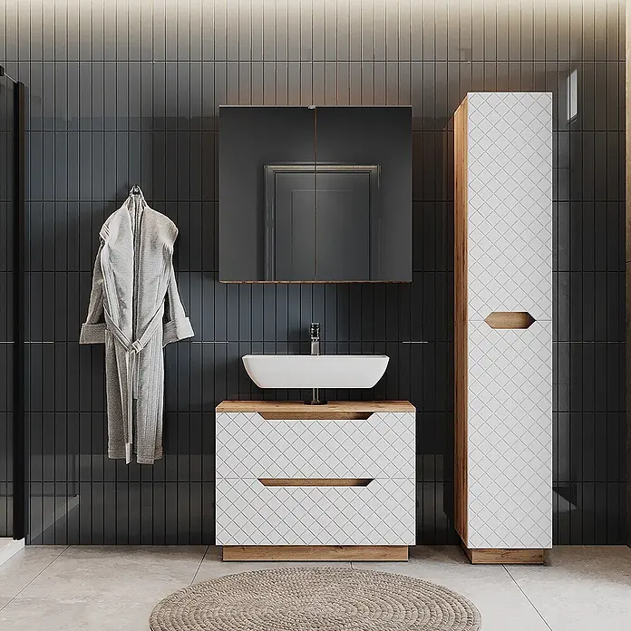 Vicco Badmöbel-Set Lotta Weiß 3 Teile - Weiß, Matt - Weißer Badezimmerschrank mit Waschbecken, Spiegelschrank und hohem Schrank, mit Rautenmuster-Fronten und Holzdetails.