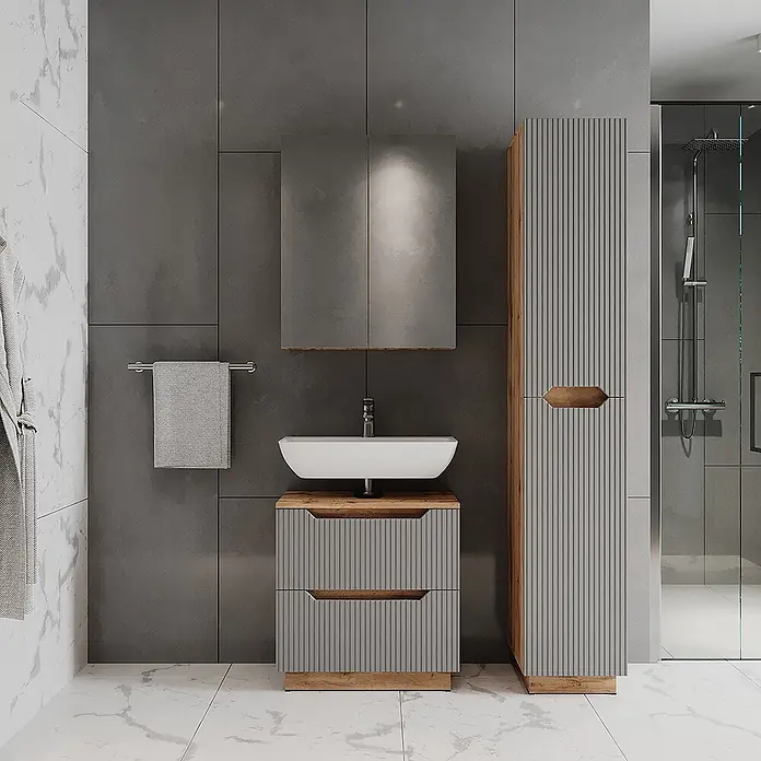 Vicco Badmöbel-Set Lotta Grau 3 Teile - Grau, Matt - Modernes Badmöbelset in Grau mit Rillenstruktur, weißem Waschbecken, Holzdetails, Spiegelschrank und Hochschrank.