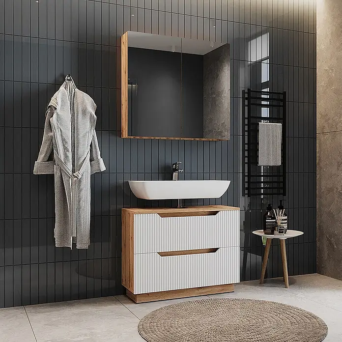 Vicco Badmöbel-Set Lotta Weiß 2 Teile - Weiß, Matt - Modernes Badezimmerwaschtisch-Set mit Holz, weißen geriffelten Schubladen, weißem Waschbecken und passendem Spiegelschrank.