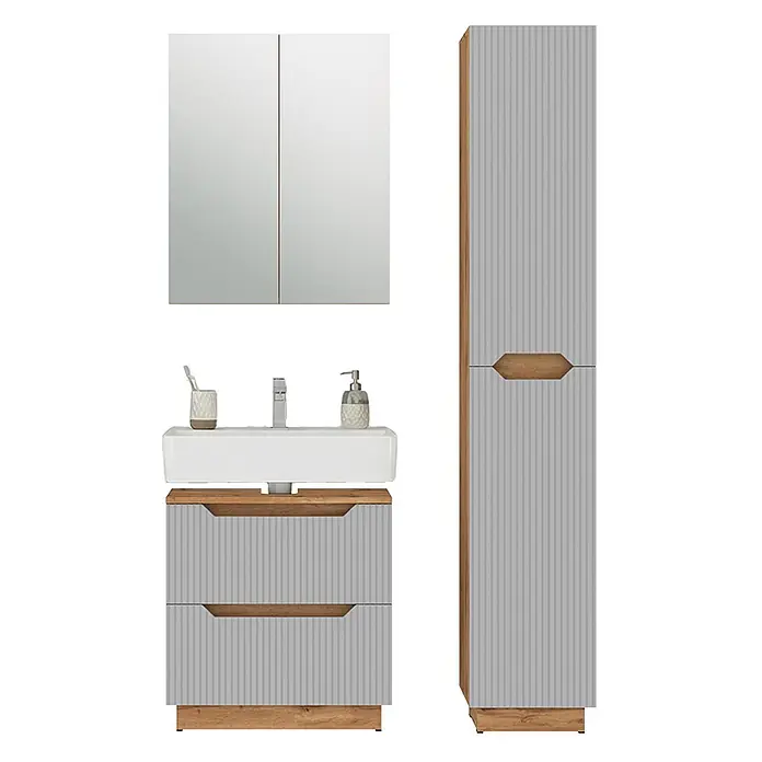 Vicco Badmöbel-Set Lotta Grau 3 Teile - Grau, Matt - Badezimmermöbel-Set: Waschtischunterschrank mit Waschbecken, Spiegelschrank und Hochschrank. Helle graue Rillenfronten mit Holzdetails.
