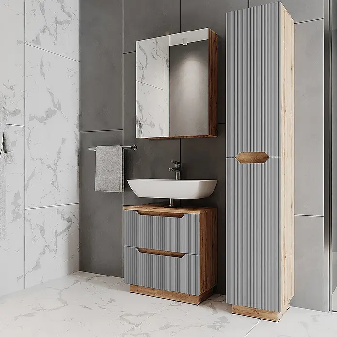 Vicco Badmöbel-Set Lotta Grau 3 Teile - Grau, Matt - Modernes Badmöbel-Set aus hellem Holz und grauen gerillten Schränken, weißem Aufsatzwaschbecken und Spiegelschrank, in einem modernen Badezimmer.
