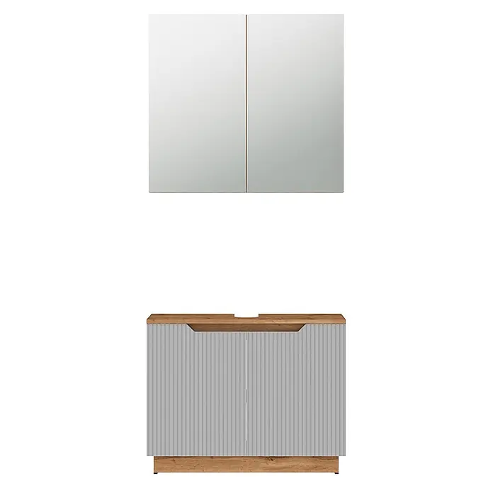 Vicco Badmöbel-Set Lotta Grau 2 Teile - Grau, Matt - Helles Holz und hellgrauer Badunterschrank mit geriffelten Fronten, Waschbeckenausschnitt und Spiegelschrank mit zwei Türen.