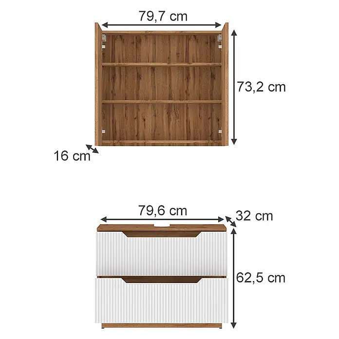 Vicco Badmöbel-Set Lotta Weiß 2 Teile - Weiß, Matt - Zwei braune Holzmöbel: ein offenes Wandregal (79,7x73,2x16 cm) und eine Kommode mit zwei weißen geriffelten Schubladen (79,6x62,5x32 cm).