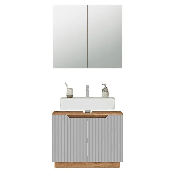 Vicco Badmöbel-Set Lotta Grau 2 Teile - Grau, Matt - Badezimmermöbel mit weißem Waschbecken, hellgrauem geripptem Schrank, Holzdetails und Spiegelschrank.