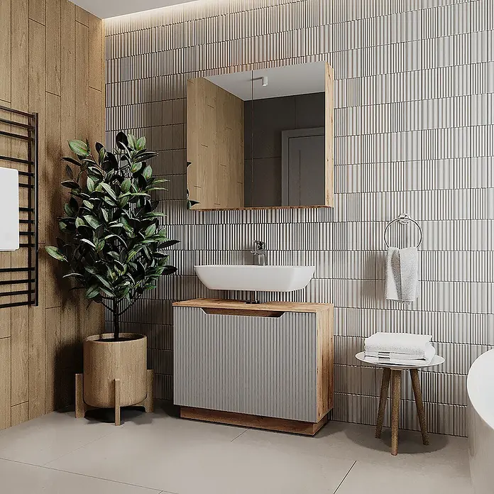 Vicco Badmöbel-Set Lotta Grau 2 Teile - Grau, Matt - Hölzerner Badunterschrank mit grauer gerillter Front, weißem Waschbecken und Spiegel in modernem Badezimmer.