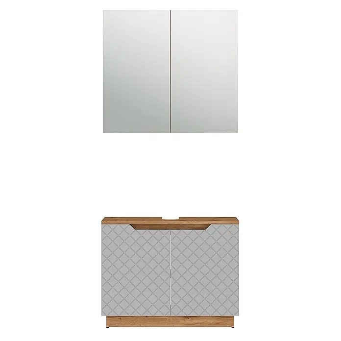 Vicco Badmöbel-Set Lotta Grau 2 Teile - Grau, Matt - Zweiteiliges Badmöbelset: Spiegelschrank und grauer Waschtischunterschrank mit Rautenmuster und Holzplatte.