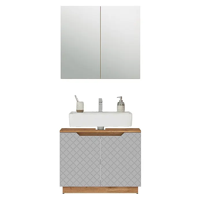 Vicco Badmöbel-Set Lotta Grau 2 Teile - Grau, Matt - Modernes Badmöbelset mit doppeltem Spiegelschrank, weißem Waschbecken, Holzplatte und grauen Schranktüren mit geometrischem Muster.