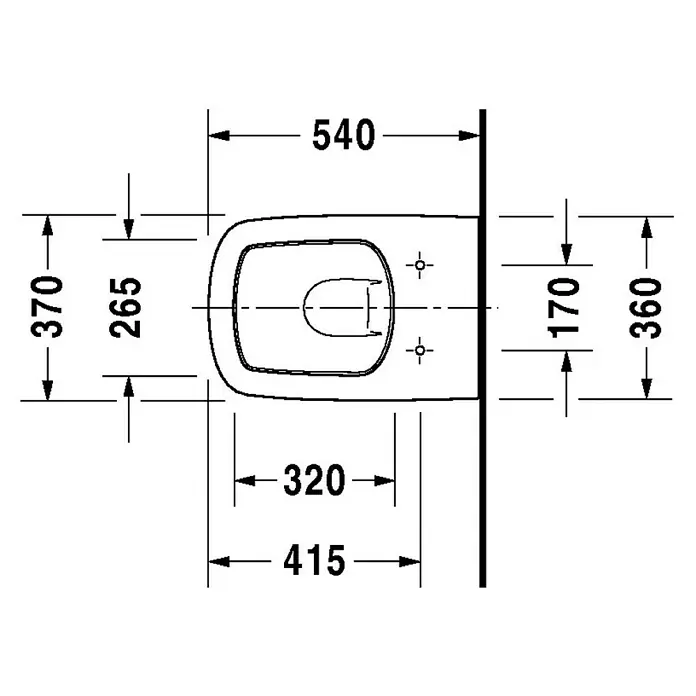 Duravit DuraStyle Wand-WC Typ 1 - Mit Spülrand, Ohne Spezialglasur, Spülform: Tief, WC Abgang: Waagerecht, Weiß - Technische Zeichnung einer Toilette mit Maßangaben. Die Skizze zeigt Abmessungen wie Länge, Breite und Montagepunkte der Toilette.