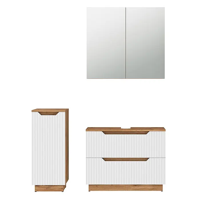 Vicco Badmöbel-Set Lotta Weiß 3 Teile - Weiß, Matt - Weißes geriffeltes Badmöbel-Set mit hellen Holzdetails: Spiegelschrank, Hochschrank und Waschtischunterschrank mit zwei Schubladen.