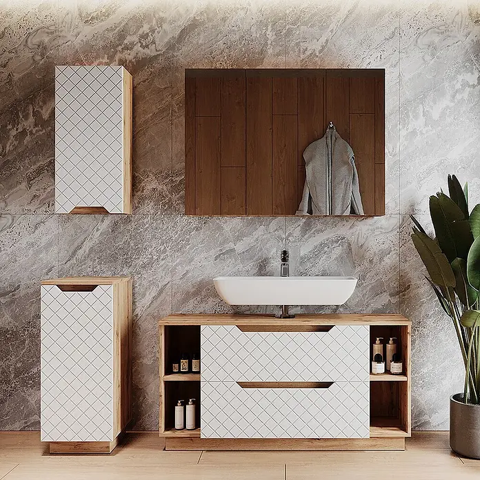 Vicco Badmöbel-Set Lotta Weiß 4 Teile - Weiß, Matt - Modernes Badmöbelset aus hellem Holz mit weißen Rautenmustern, bestehend aus Waschtisch, Wandschrank und Hochschrank.