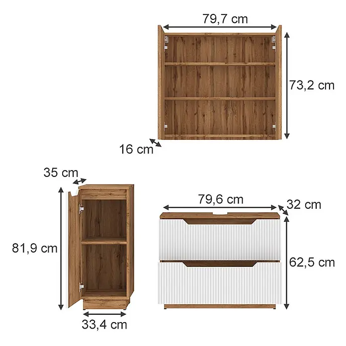 Vicco Badmöbel-Set Lotta Weiß 3 Teile - Weiß, Matt - Drei Holzmöbelstücke: ein Wandregal, ein Schrank mit Tür und eine Kommode mit zwei Schubladen, mit Maßen dargestellt.