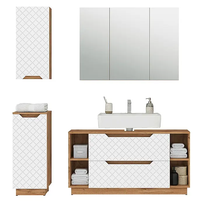 Vicco Badmöbel-Set Lotta Weiß 4 Teile - Weiß, Matt - Modernes Badezimmerset mit hellem Holzdekor und weißen gemusterten Fronten, bestehend aus Waschtischunterschrank, Spiegelschrank und Aufbewahrungsschränken.